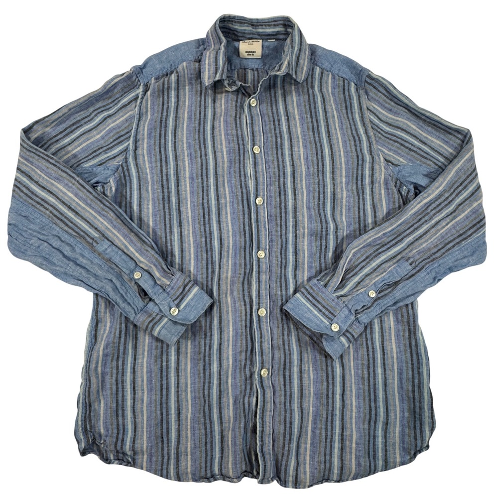 Baird McNutt Linen Shirt Men's Large Murano Slim Fit Blue Striped Long Sleeve